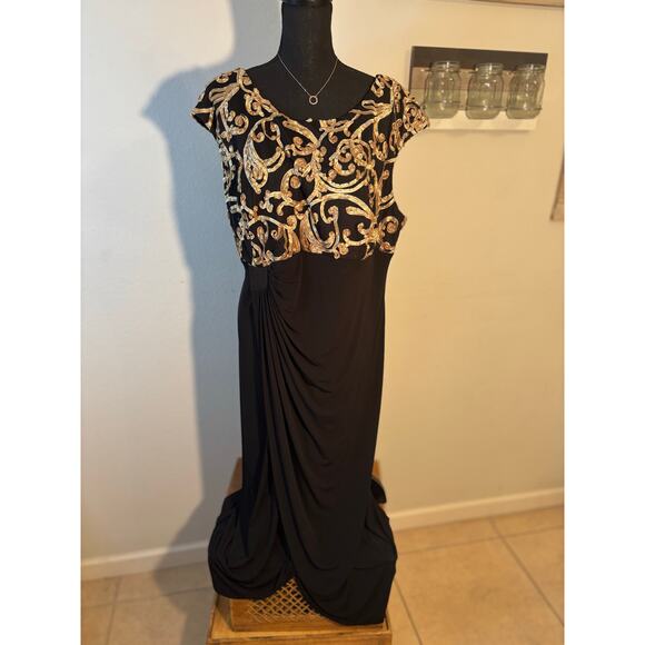 CONNECTED Soutache Black Jersey Draped Gown Formal Maxi Column MOB Prom Dress - Picture 3 of 7